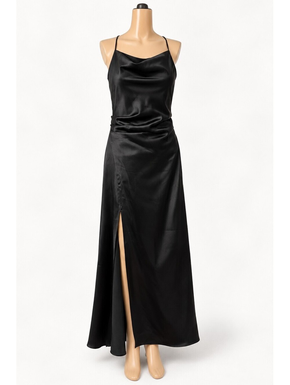 ZARA Black Satin Cowl Neck Maxi Dress Cross Back Straps Size M